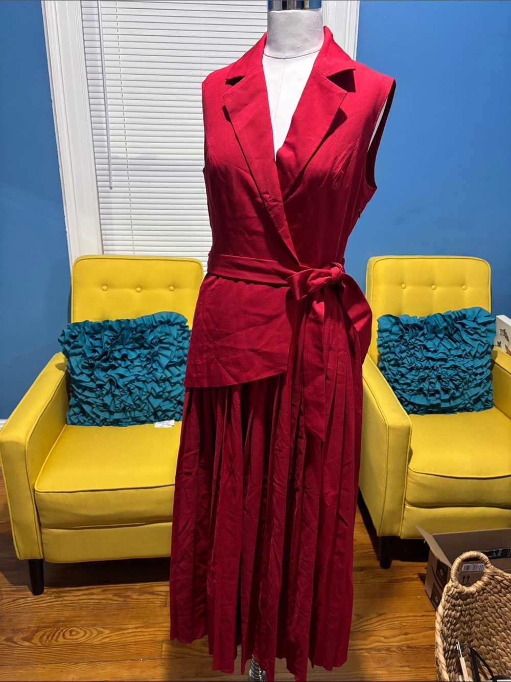 Sleeveless Red Wrap Midi Dress with Tie Waist